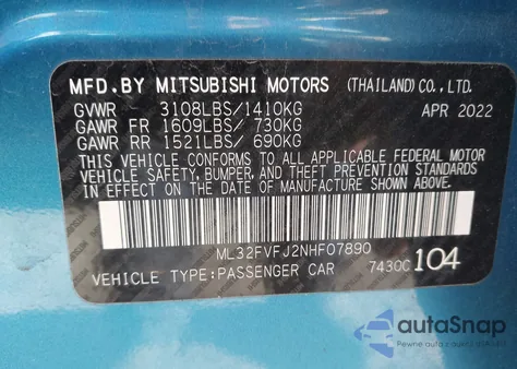 2022 Mitsubishi Mirage G4 Se из США, поврежденный, VIN ML32FVFJ2NHF07890